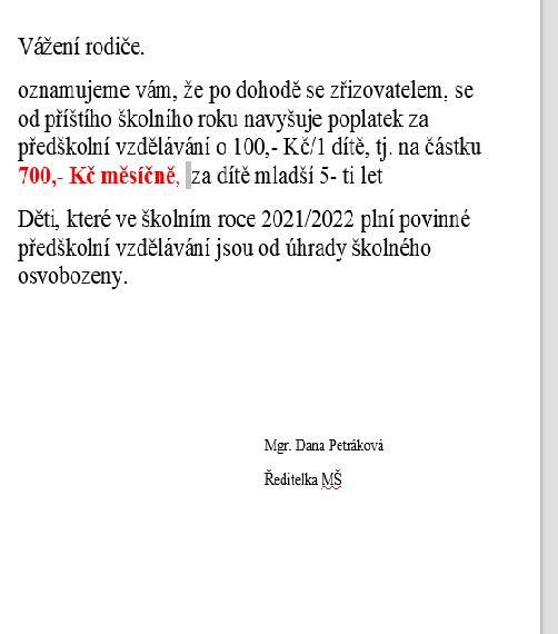 oznámení o navýšení školného